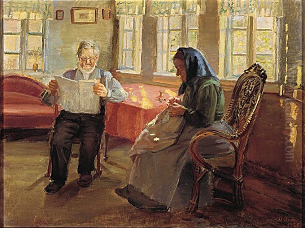Avisen studeres. Oil Painting by Anna Ancher
