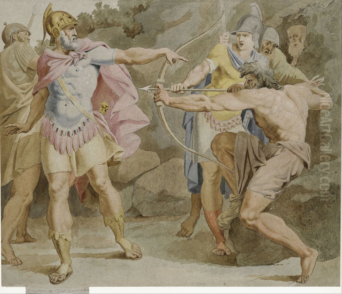 Philoctetes aiming the bow of Hercules at Odysseus Oil Painting by Asmus Jacob Carstens