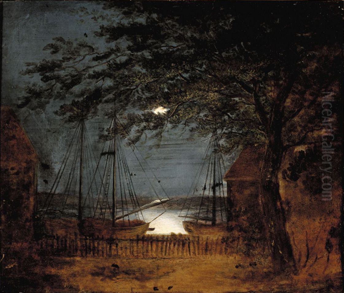 Ships in a moonlit harbour. Oil Painting by F.M.E. Fabritius de Tengnagel