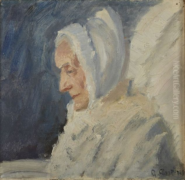 Fru Brondum i hvidt. Oil Painting by Anna Ancher