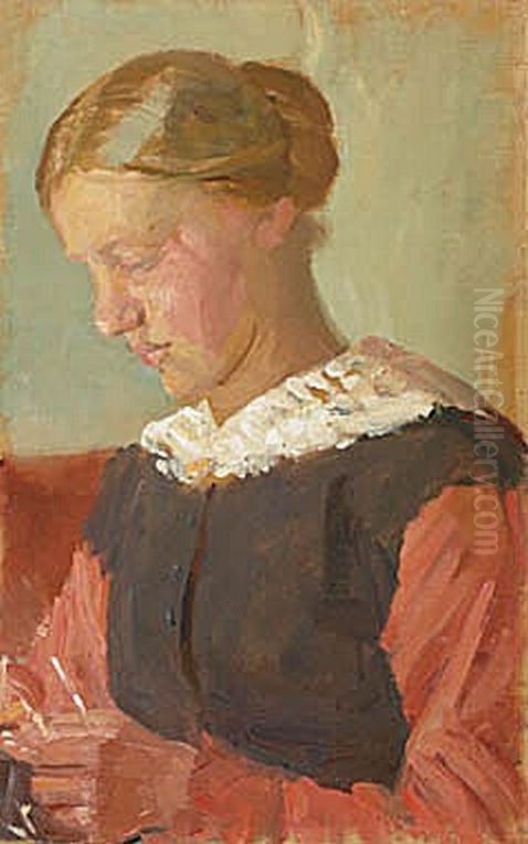 A seated young woman with her hair up. Oil Painting by Anna Ancher