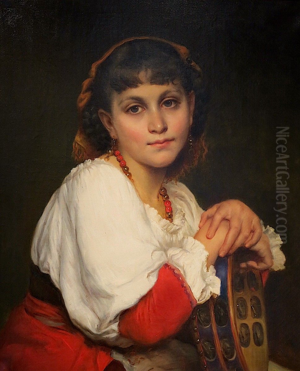 Young Italian woman with tambourine Oil Painting by Josephine Claire Langlois