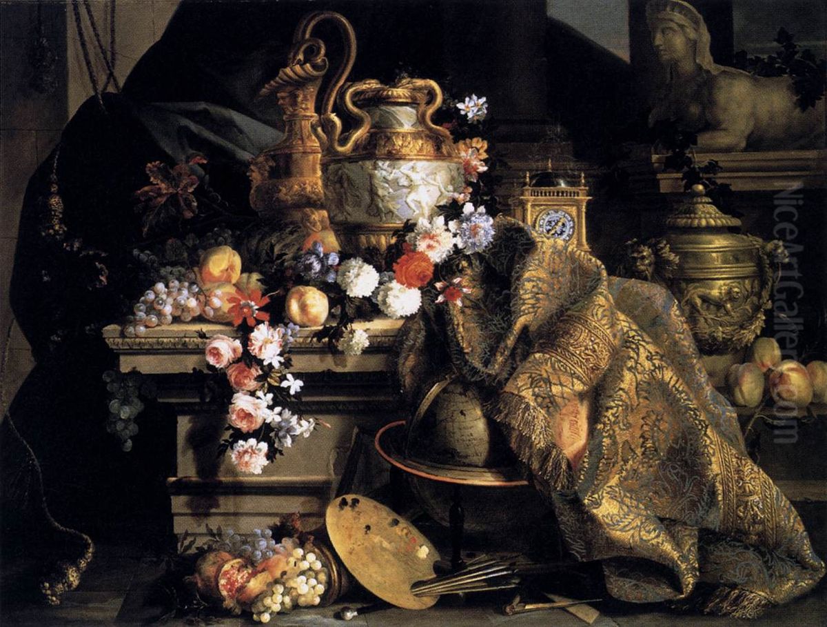 Still life with art objects, flowers, fruits and painter's attributes Oil Painting by Jean-Baptiste Monnoyer