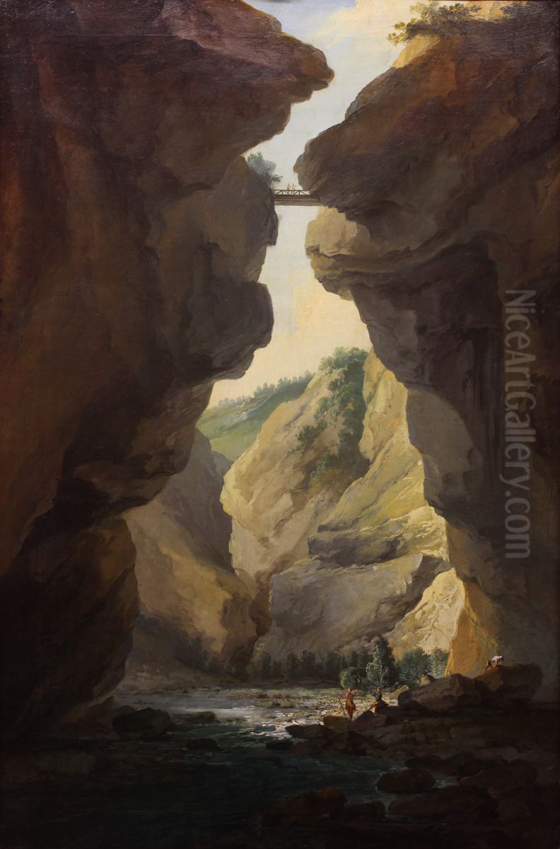 Bridge and gorges of Dala river in Leuekerbad, view towards the mountain Oil Painting by Caspar Wolf