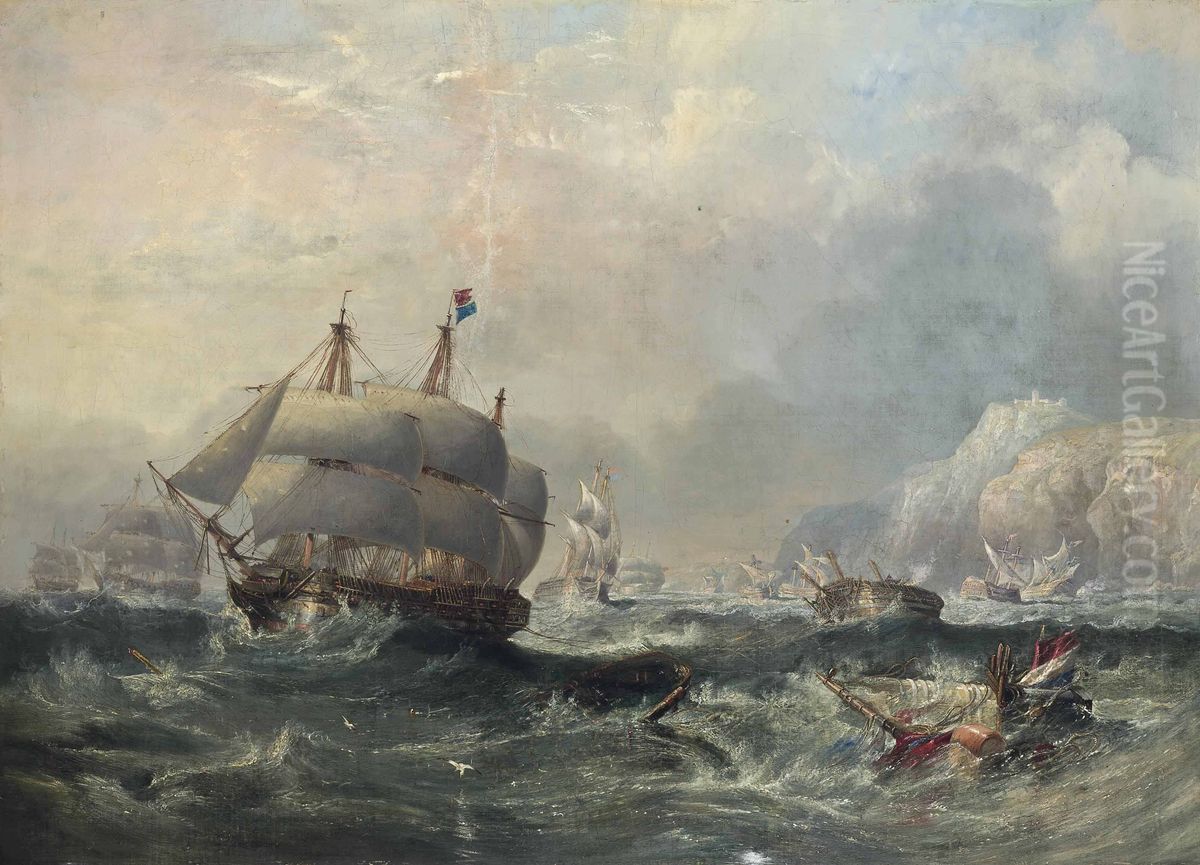 H.M.S.Conquerortowing H.M.S.Africaoff the shoals at Trafalgar, three days after the battle Oil Painting by James Wilson Carmichael