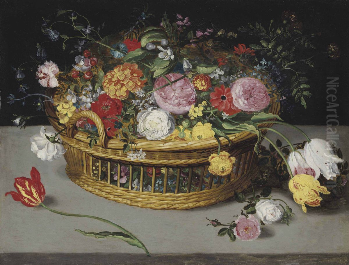 Roses, tulips, bluebells and carnations in a wicker basket on a stone ledge Oil Painting by Jan Brueghel the Younger