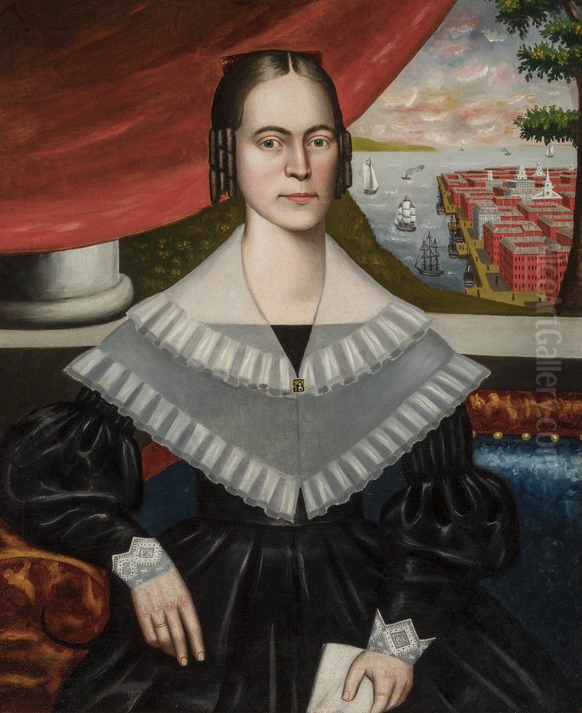 Portrait of a Woman said to be Clarissa Gallond Cook, in front of a Cityscape Oil Painting by Erastus Salisbury Field