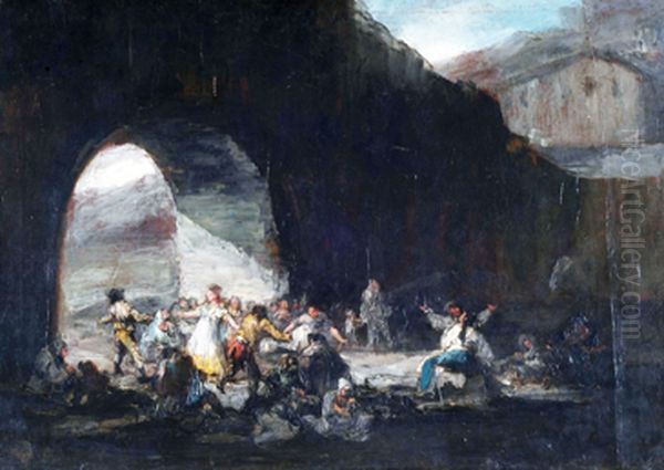 Fiesta popular bajo un puente Oil Painting by Francisco Goya Fuendetodos