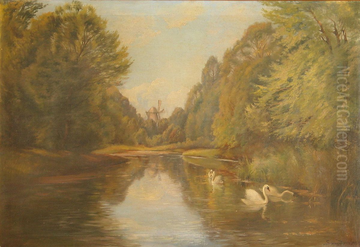 View of a lake with swans. Oil Painting by Simony Jensen