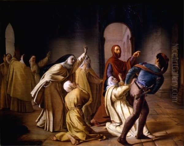 Piccarda Donati fatta rapire dal convento di Santa Chiara dal fratello Corso Oil Painting by Lorenzo Tancini