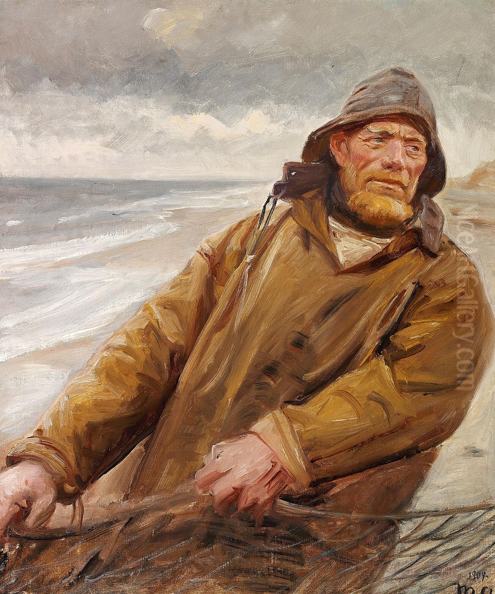 A fisherman drawing in the nets at Skagen. Oil Painting by Michael Peter Ancher