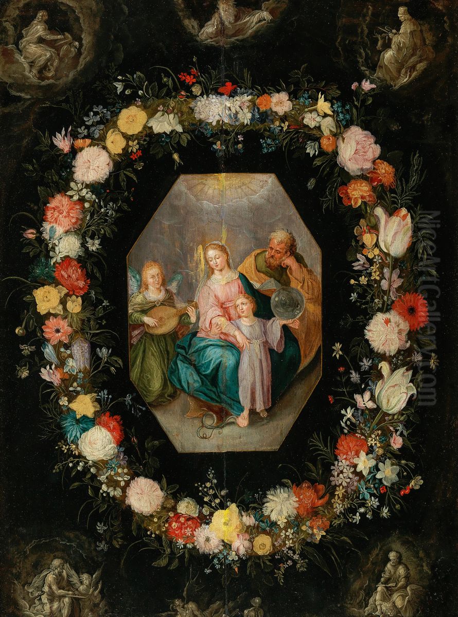 A garland of flowers around a medaillon with the Holy Family and a music making angel, on top and in the corners God the Father and the Four Evangelists en grisaille Oil Painting by Anna Maria Janssens