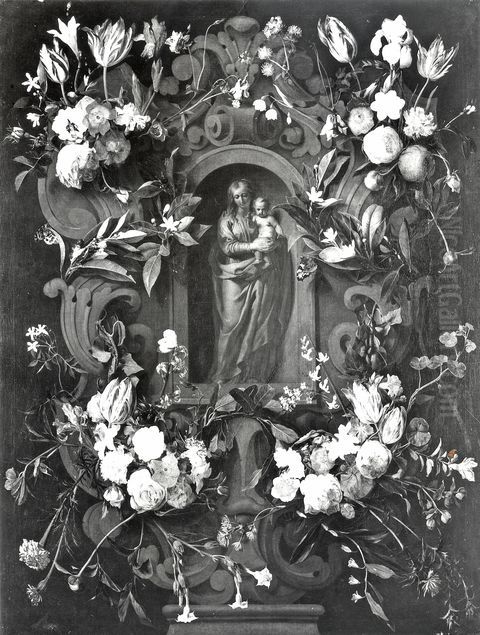 Ghirlanda di fiori con Madonna con Bambino Oil Painting by Daniel Seghers