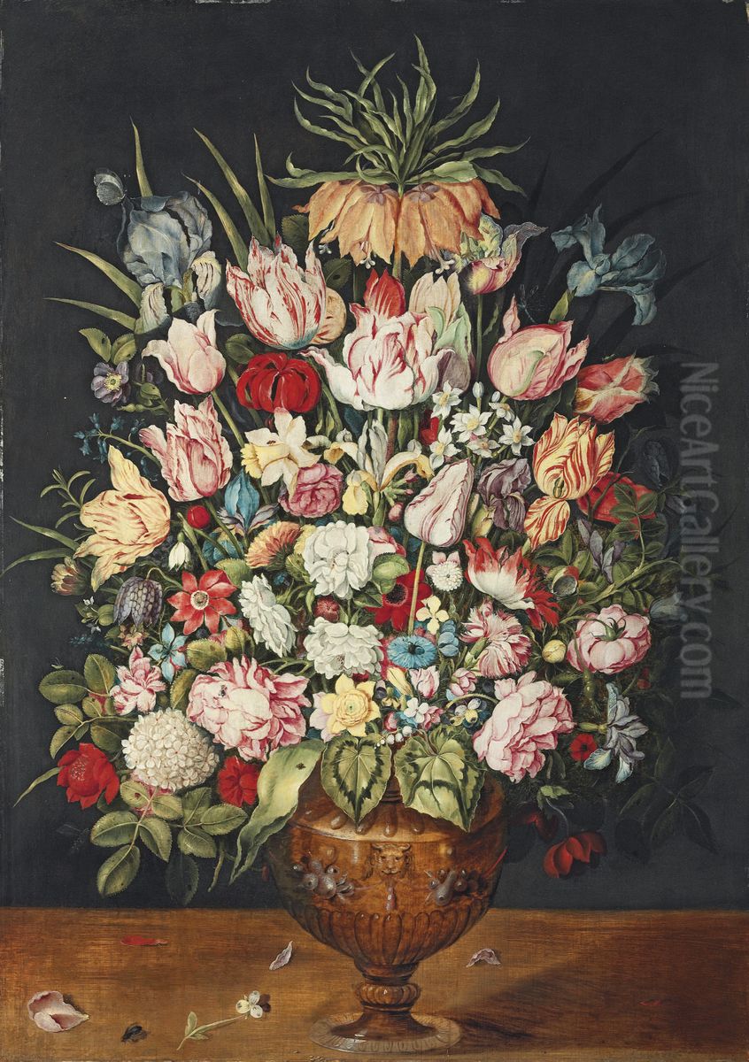 Tulips, roses, a chrysanthemum and other flowers in a sculpted bronze urn Oil Painting by Osias Beert