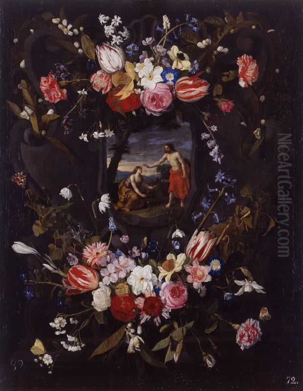 Garland of flowers with the 'Noli me tangere' Oil Painting by Daniel Seghers