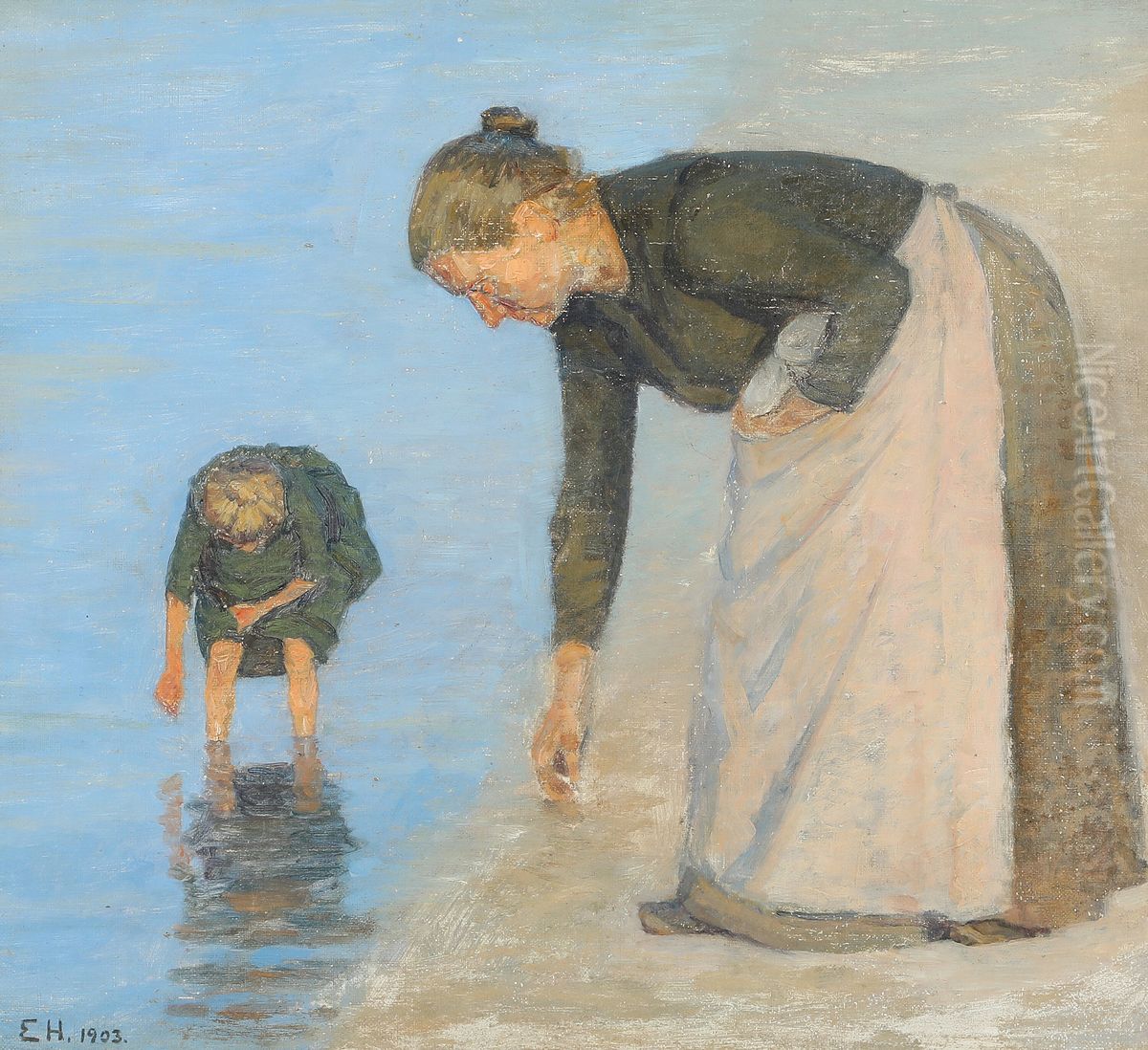 Fiskerkone ved stranden, Skagen Oil Painting by Einar Hein