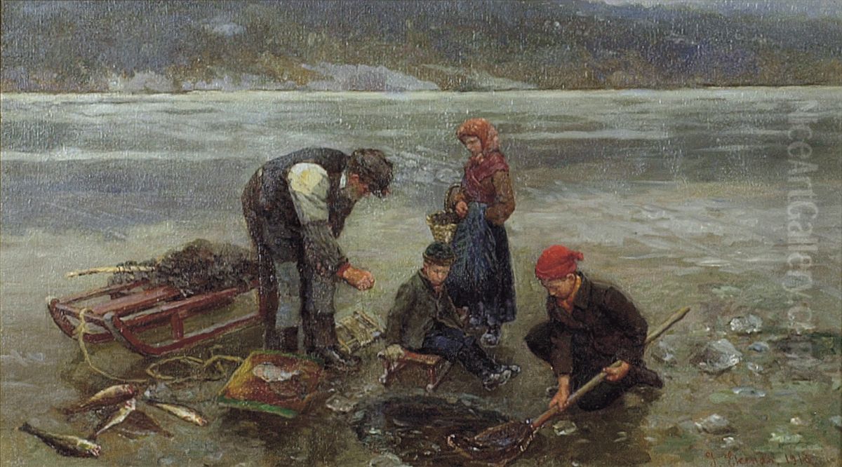 Ice fishing (1916) Oil Painting by Jahn Ekenaes