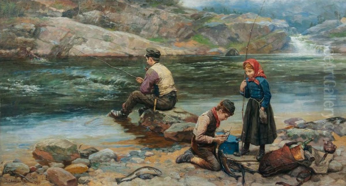 Trout anglers / Trout fishing Oil Painting by Jahn Ekenaes