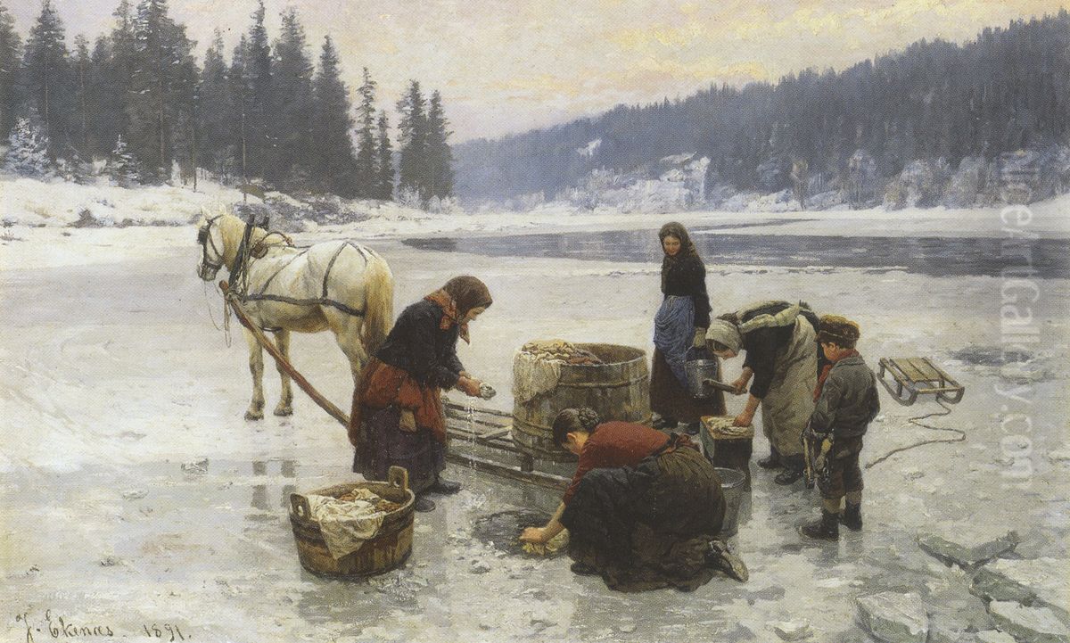 Women doing laundry through a hole in the ice. Oil Painting by Jahn Ekenaes