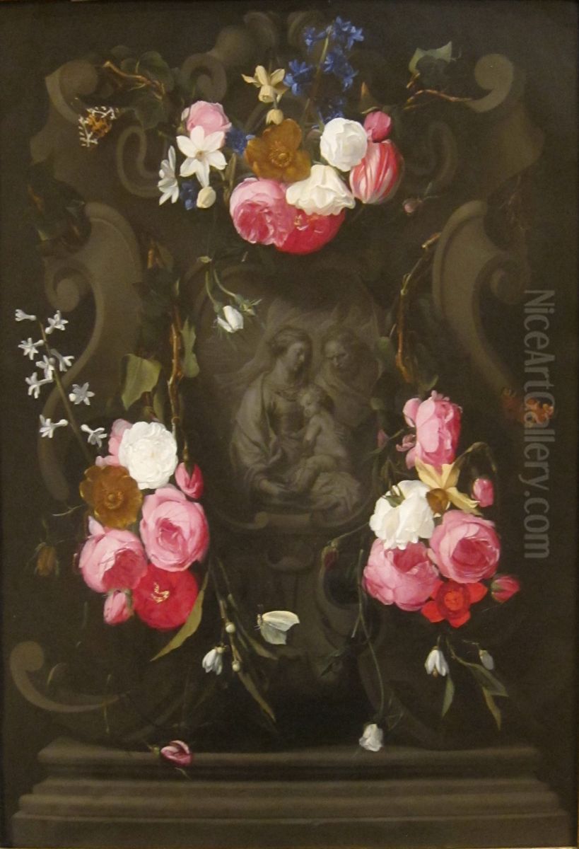 Flower Garland cartouche surrounding the Holy Family Oil Painting by Daniel Seghers