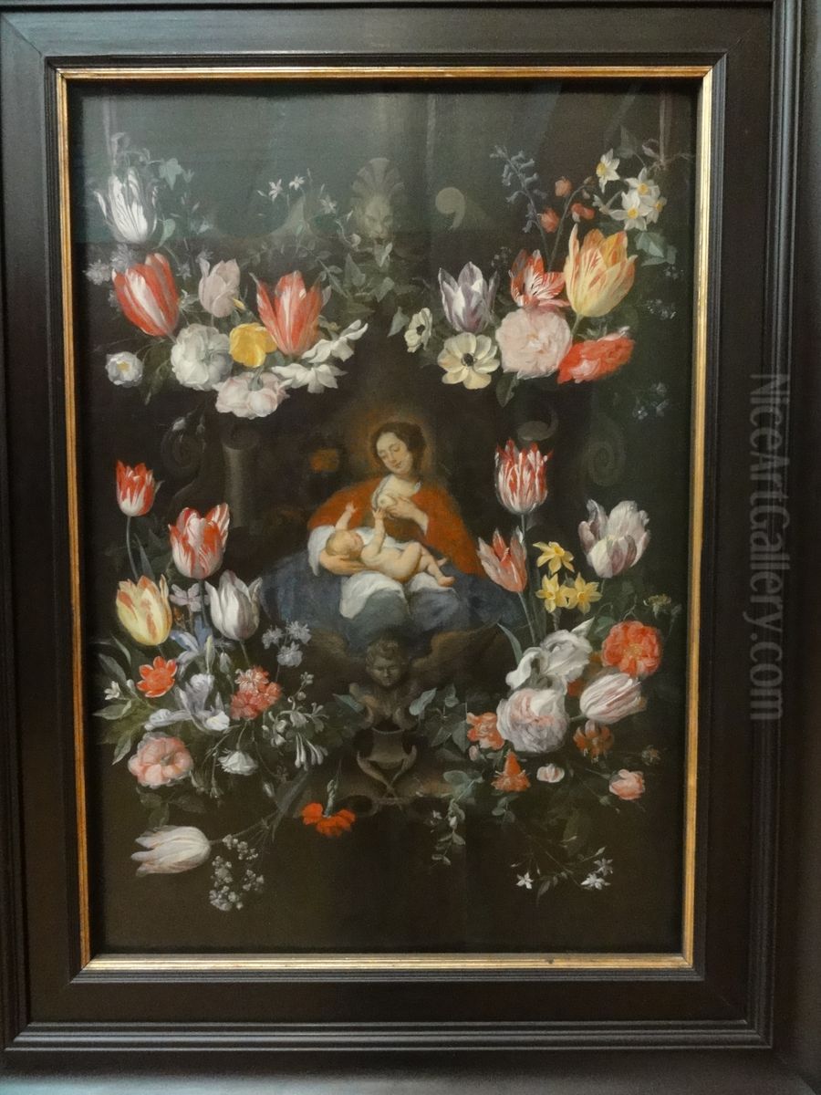 Cartouche with flowergarlands surrounding a depiction of the Holy Family Oil Painting by Daniel Seghers