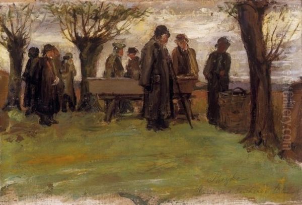 Preparation for the Fishing Oil Painting by Ferenc Paczka