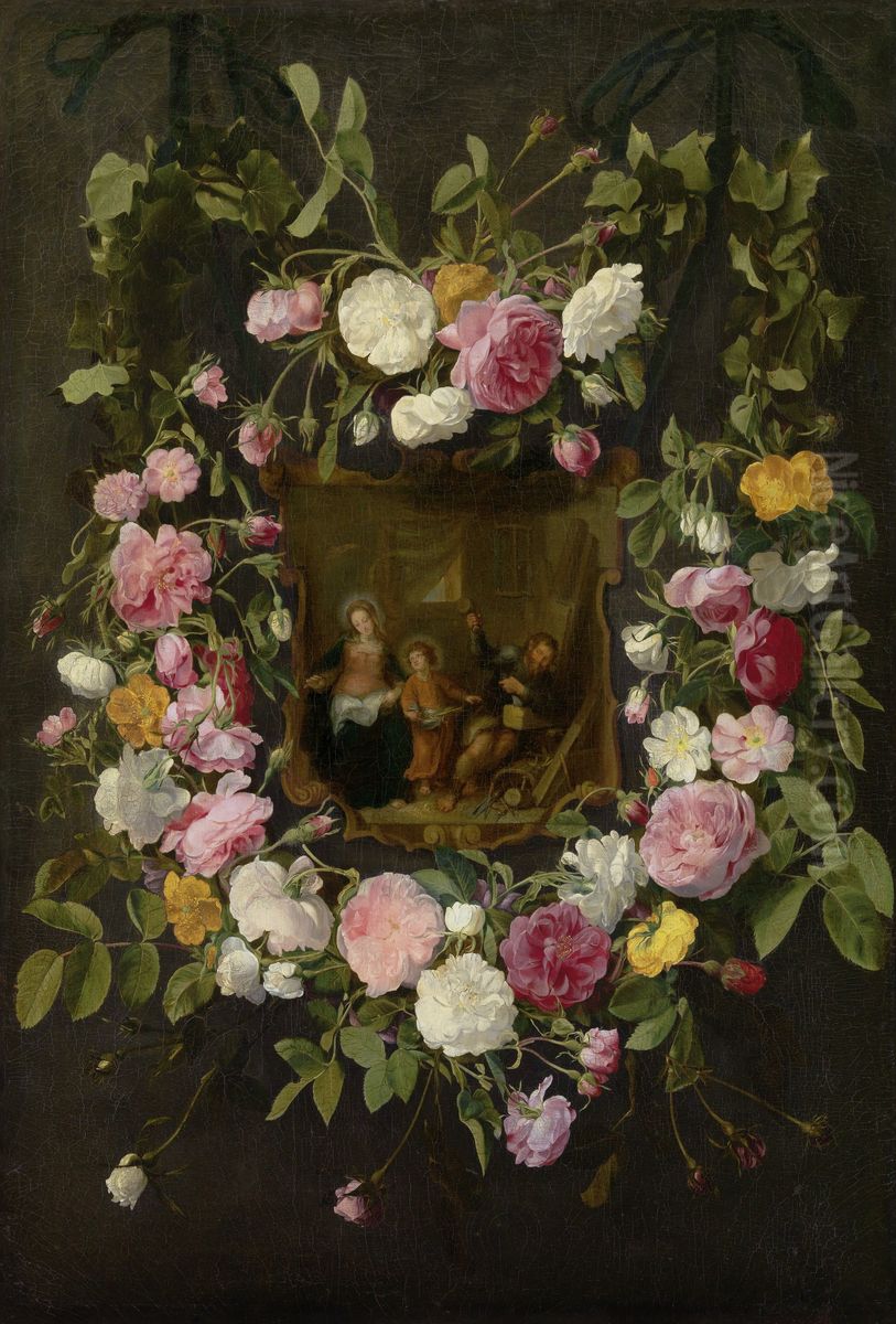 The Holy Family Surrounded by a Garland of Roses Oil Painting by Daniel Seghers