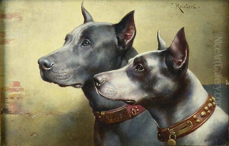 Pair of Doggen (Great Danes) Oil Painting by Carl Reichert