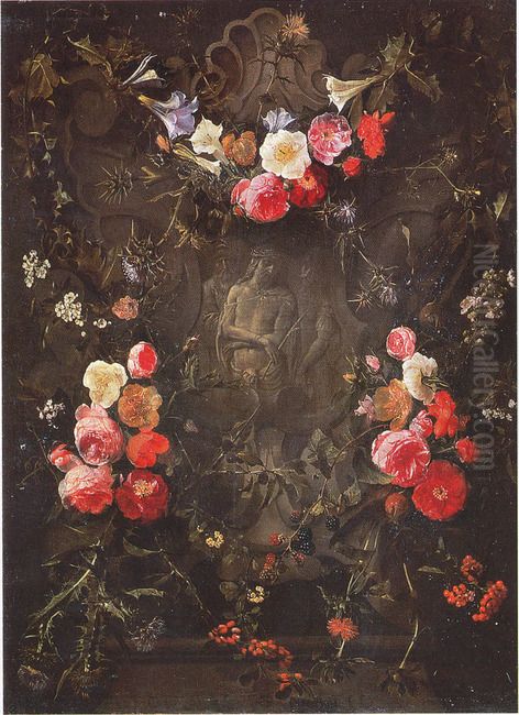 Cartouche met bloemguirlandes rondom een voorstelling van Ecce Homo Oil Painting by Daniel Seghers
