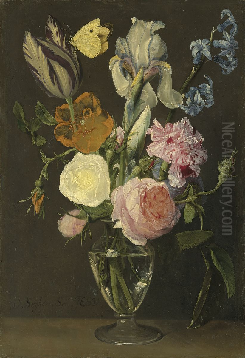 Roses, tulips, irises and other flowers in a glass vase with a cabbage white butterfly Oil Painting by Daniel Seghers