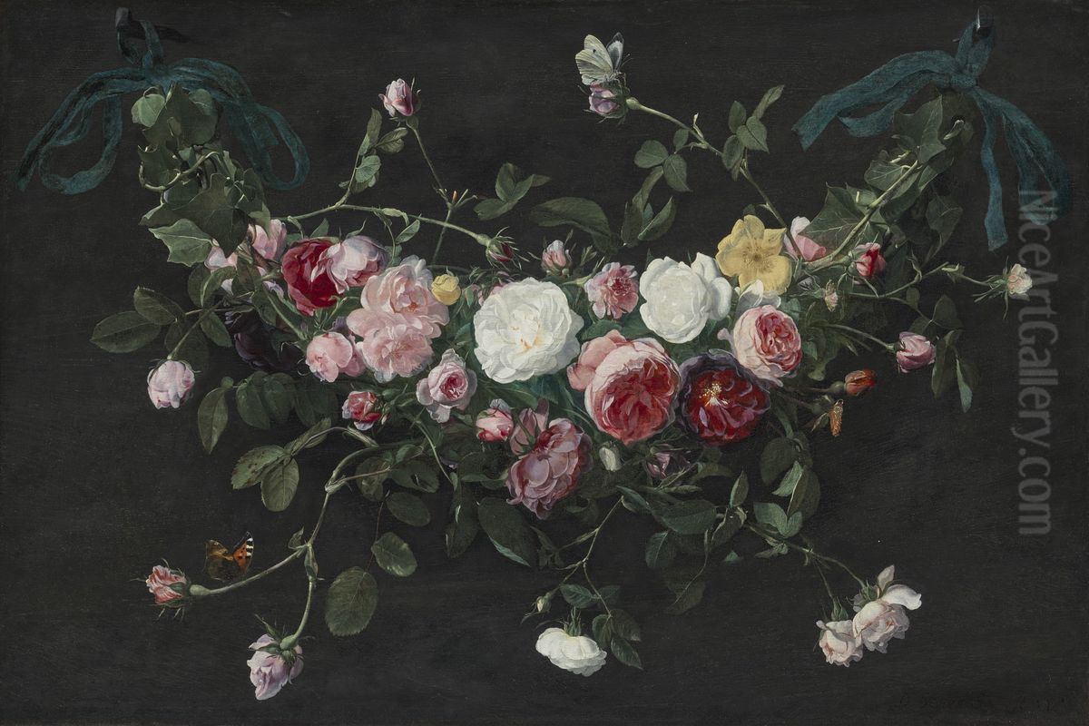 Garland of roses and ivy suspended by ribbons, with a cabbage white and a tortoiseshell butterfly Oil Painting by Daniel Seghers