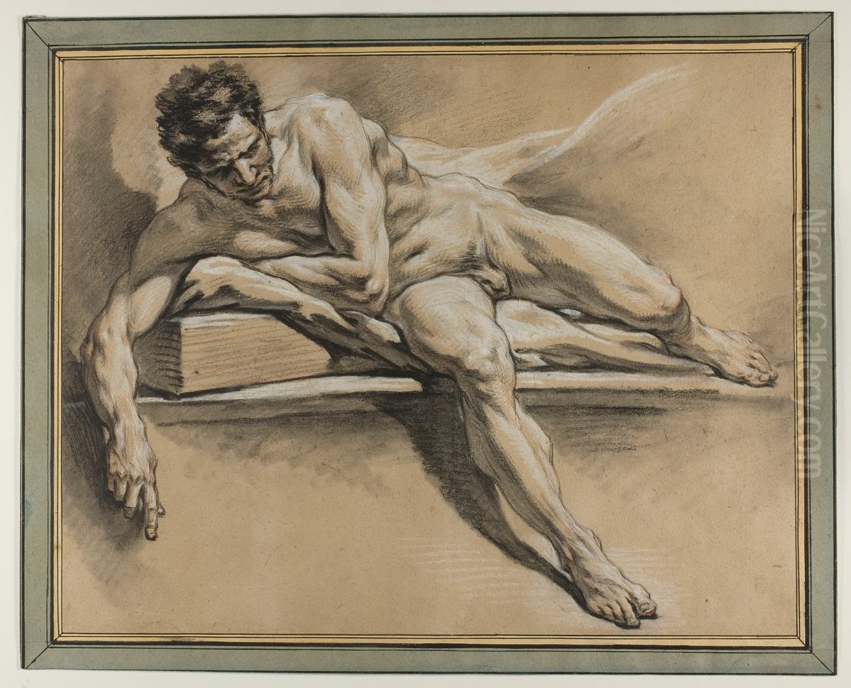 Academic Study of a Reclining Male Nude Oil Painting by Francois Boucher