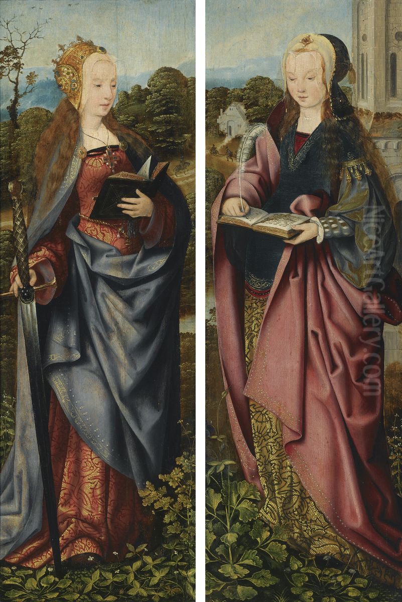 Saint Catherine; Saint Barbara Oil Painting by Master Of Frankfurt