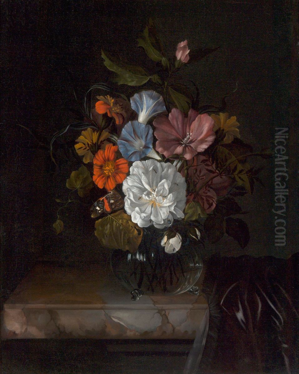 Flowers in a glass vase on a partly draped marble ledge Oil Painting by Anna Ruysch