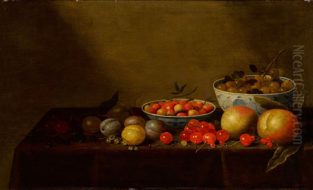 Still life of assorted fruit with two blue-and-white porcelain bowls Oil Painting by Floris van Schooten