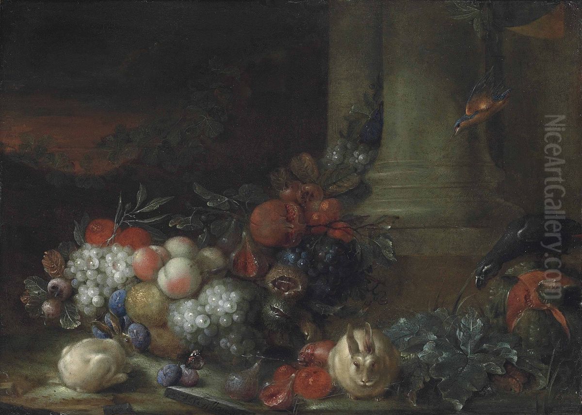 Grapes, plums, pomegranates, oranges and other fruit with a parrot among classical ruins in a landscape Oil Painting by Peter Mathys Gillemans