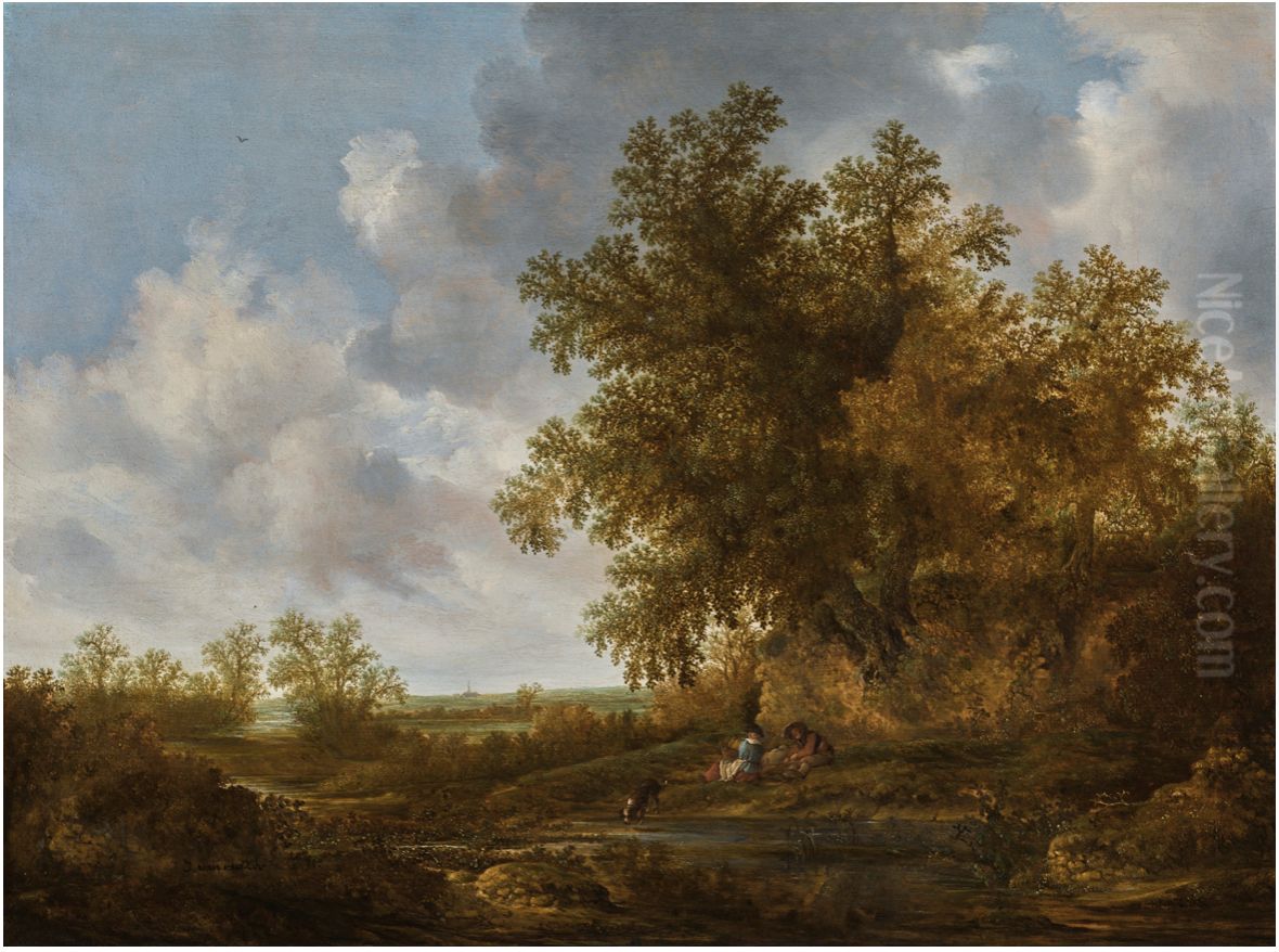Wooded landscape with resting couple by a pool Oil Painting by Jacob van Moscher