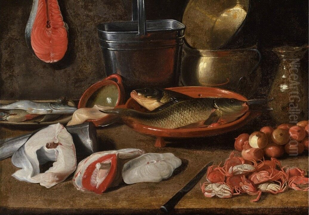 Still life with fish, kitchenware, crabs and onions Oil Painting by Jacob van Es
