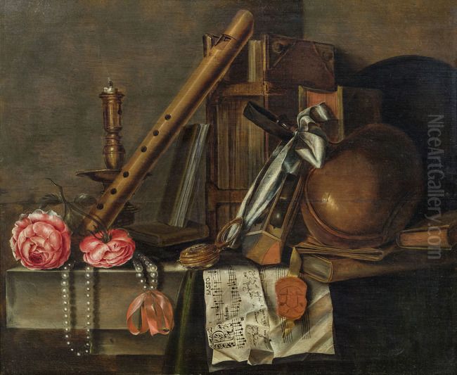 Still life with books, music, recorder and two roses Oil Painting by Godfriedt Van Bochoutt