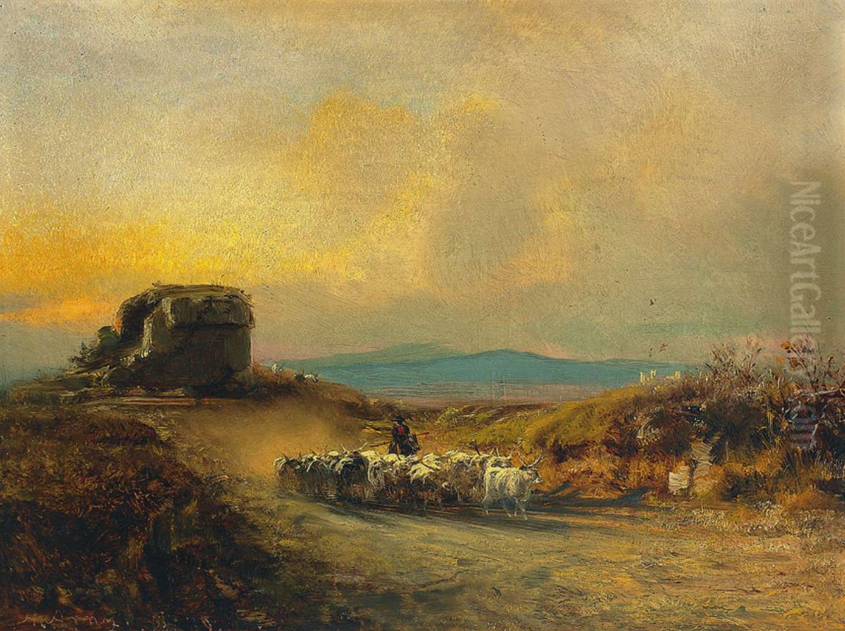 Heimkehrende Langhornrinder in der Romischen Campagna. Abendstimmung Oil Painting by Albert Arnz