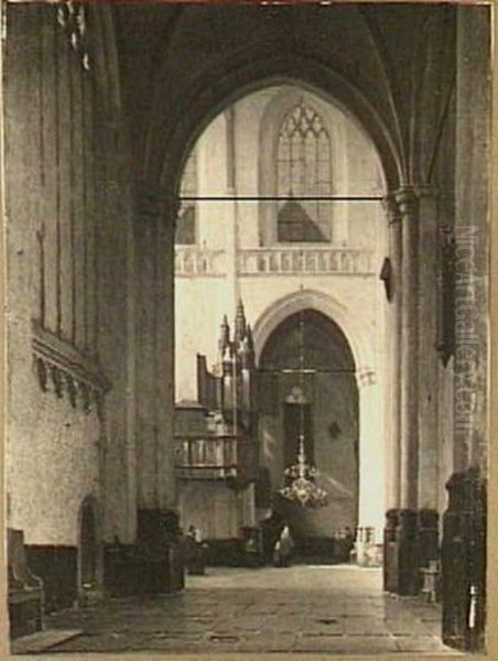 Gezicht op het interieur van de Nieuwe Kerk te Amsterdam met het kleine of koororgel rechts Oil Painting by Jan Jacob Schenkel