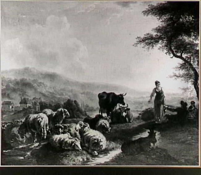 Rustende herders met schapen en vee Oil Painting by Balthasar-Paul Ommeganck