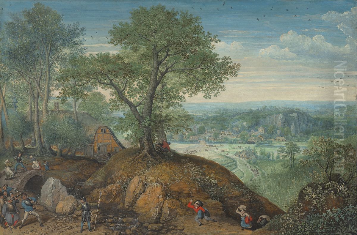 Extensive landscape with plundering soldiers Oil Painting by Lucas van Valckenborch