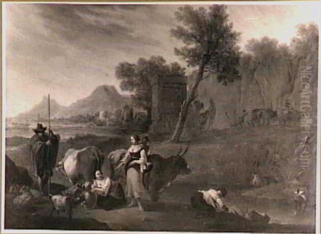 Herders met vee in een zuidelijk landschap Oil Painting by Nicolaes Pieterszoon Berchem