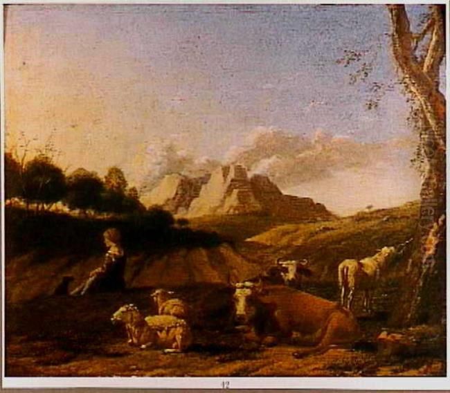Zuidelijk landschap met vee en herderin Oil Painting by Karel Dujardin