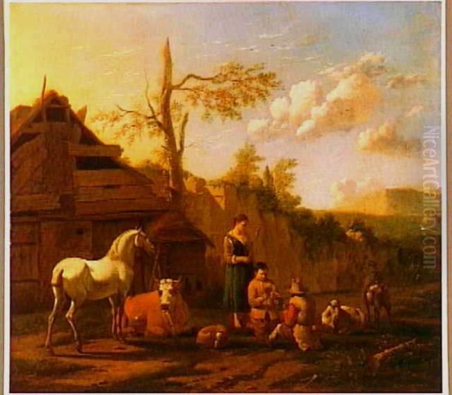 Kaartspelende herders bij een boerderij in een zuidelijk Oil Painting by Karel Dujardin
