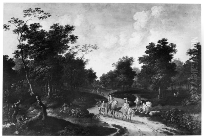 Wooded landscape with hunters on a sandy track Oil Painting by Pieter Bout