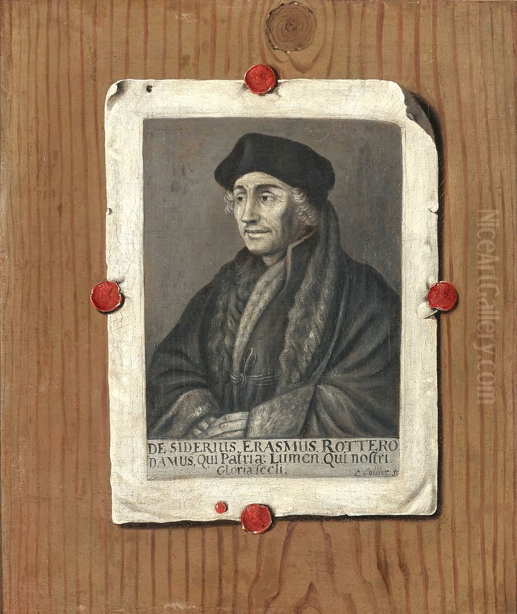 Trompe l'oeil with a portrait of Erasmus Oil Painting by Evert Collier