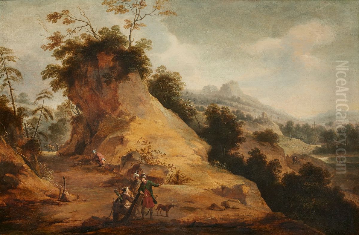 Rocky landscape with hunters wearing oriental costume, conversing on a rocky path Oil Painting by Aert Jansz Marienhof