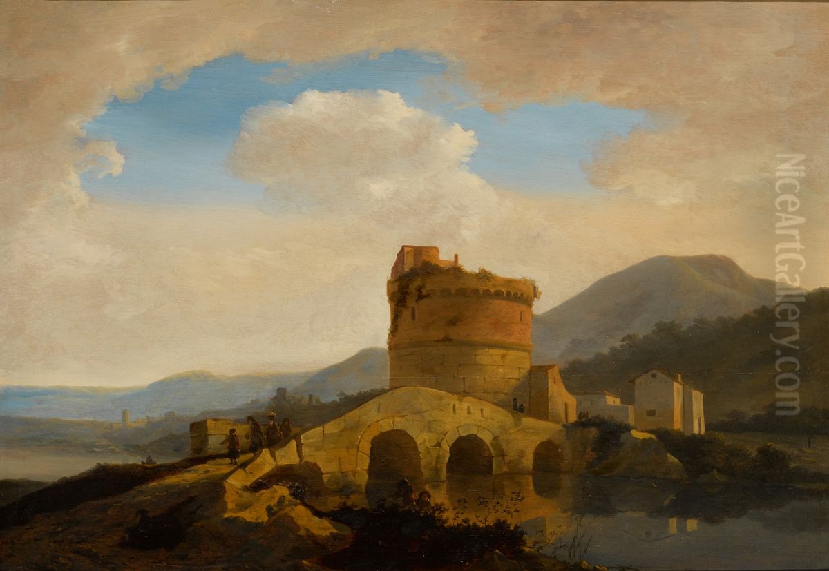 Landscape near Rome, with the grave of the Plautii by the river Aniene Oil Painting by Adriaen van Eemont